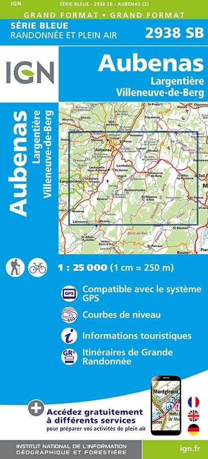 Carte de randonnée n° 2938 - Aubenas, Largentière, Villeneuve-de-Berg | IGN - Série Bleue carte pliée IGN 