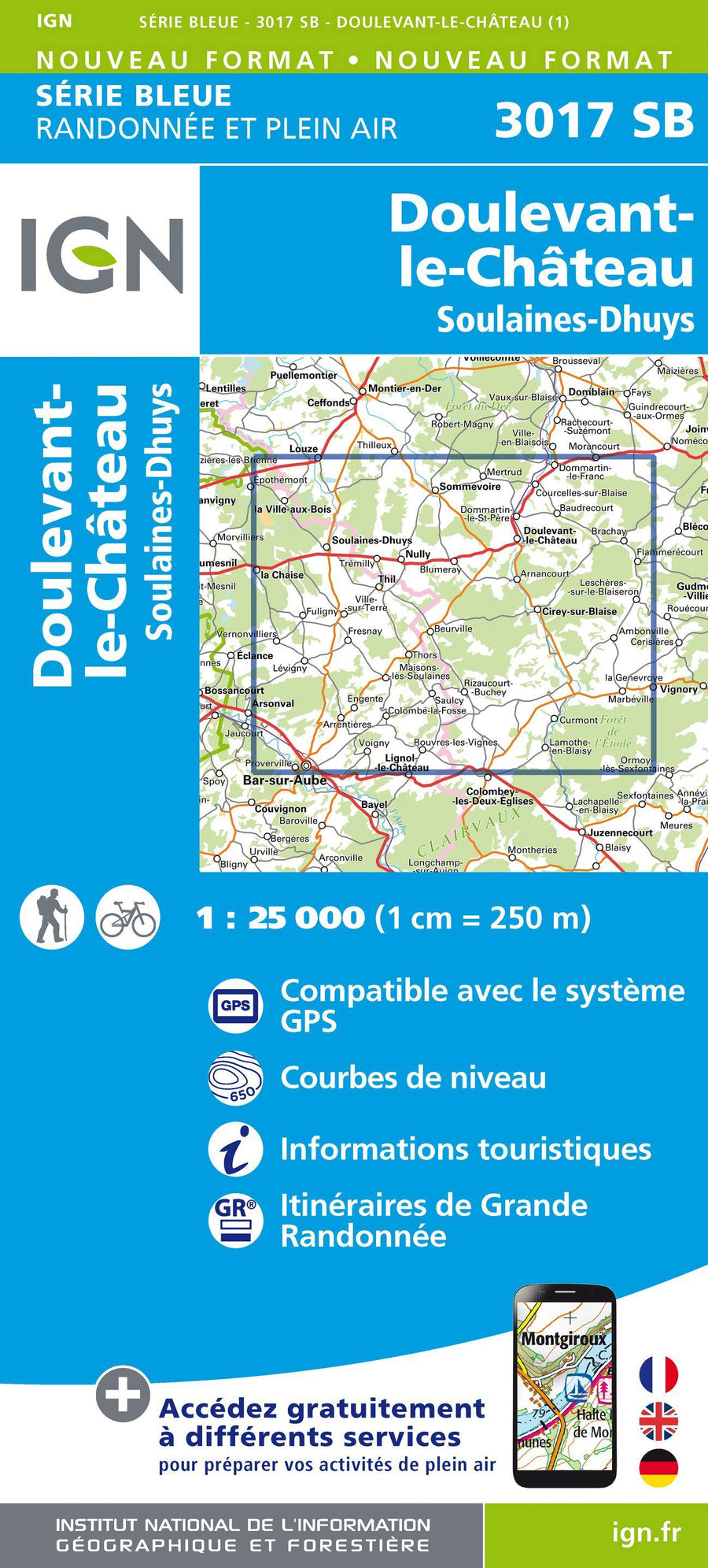 Carte de randonnée n° 3017 - Doulevant-le-Château - Soulaines-Dhuys | IGN - Série Bleue carte pliée IGN 