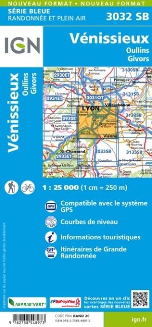 Carte de randonnée n° 3032 - Vénissieux, Oullins, Givors | IGN - Série Bleue carte pliée IGN 