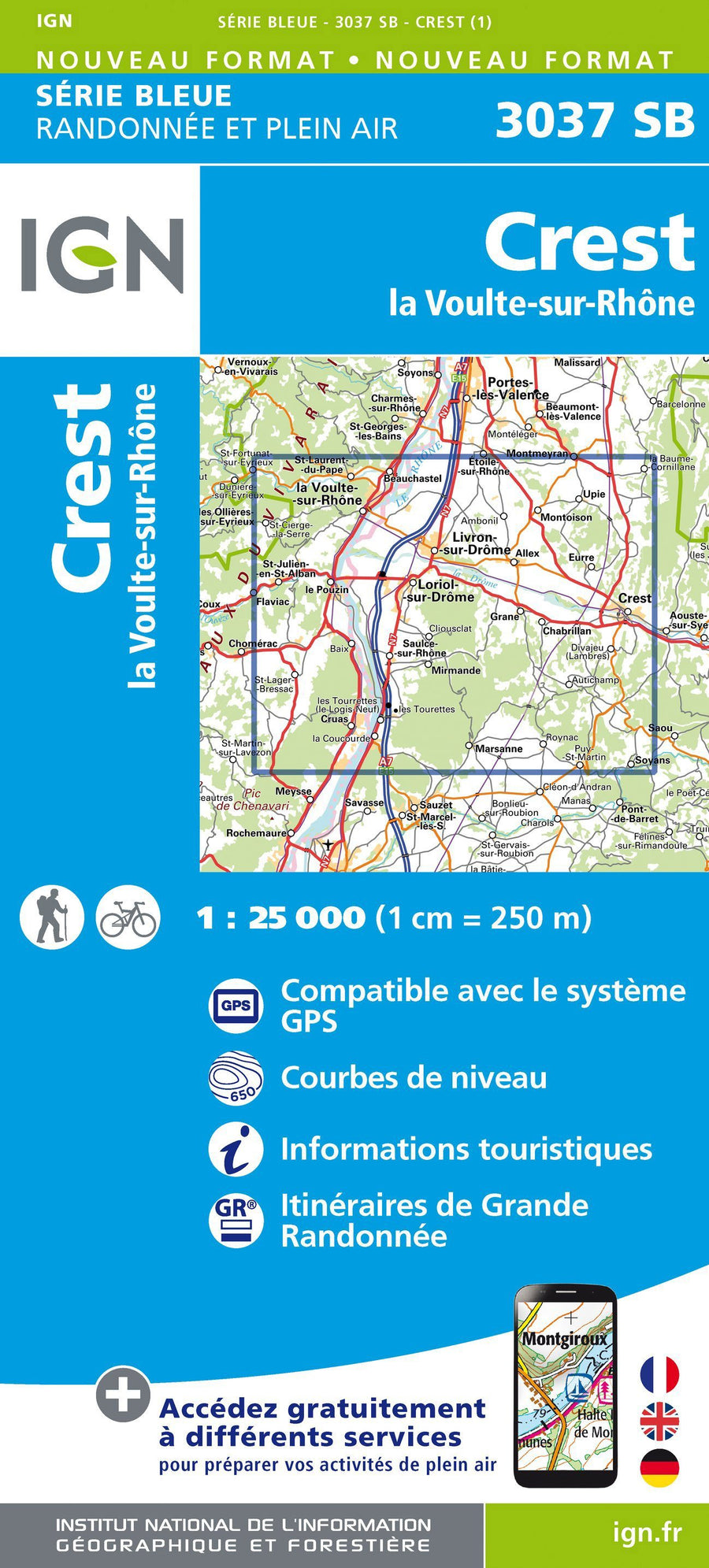 Carte de randonnée n° 3037 - Crest, La Voulte-sur-Rhône | IGN - Série Bleue carte pliée IGN 