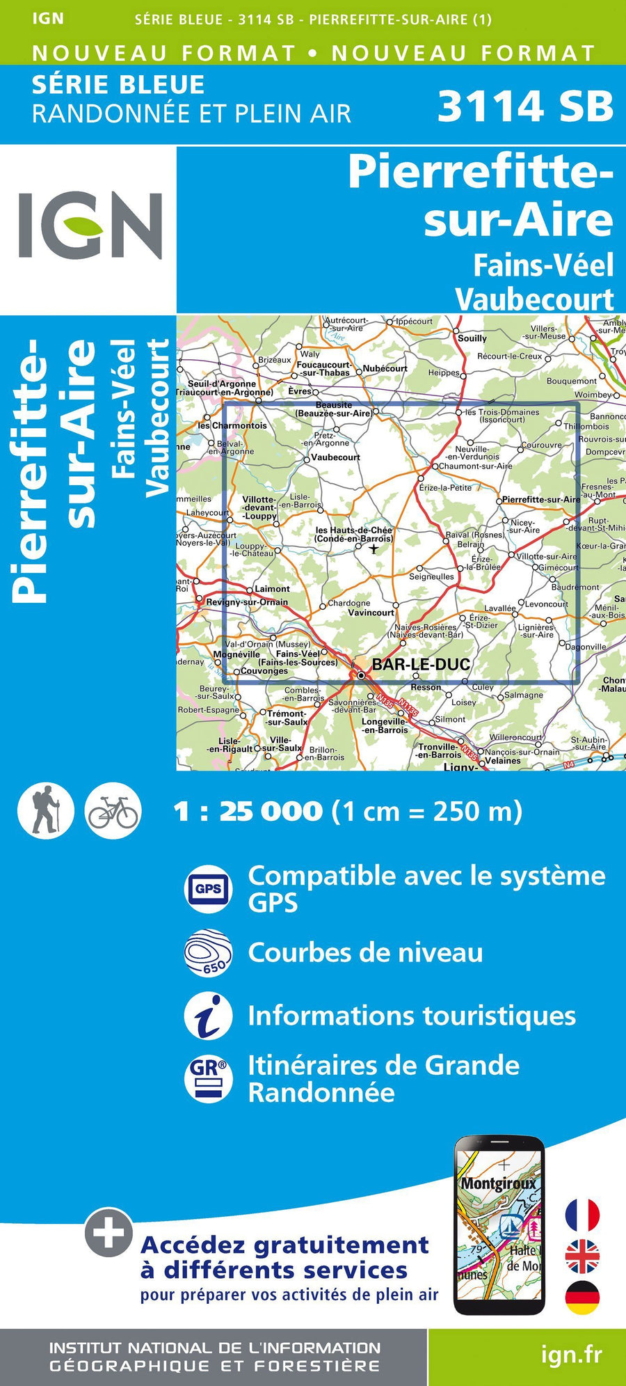 Carte de randonnée n° 3114 - Pierrefitte-sur-Aire, Fains-Véel, Vaubecourt | IGN - Série Bleue carte pliée IGN 
