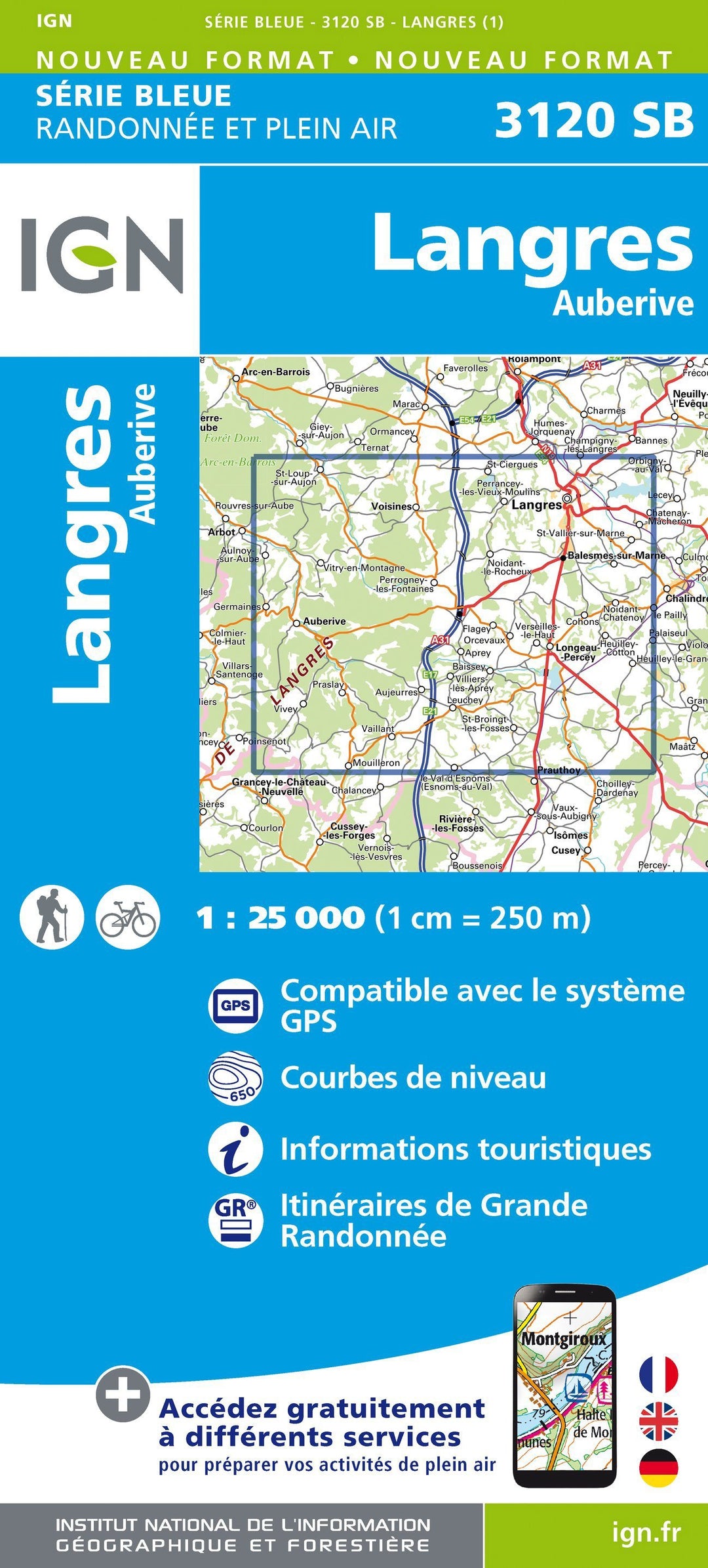 Carte de randonnée n° 3120 - Langres, Auberive | IGN - Série Bleue carte pliée IGN 
