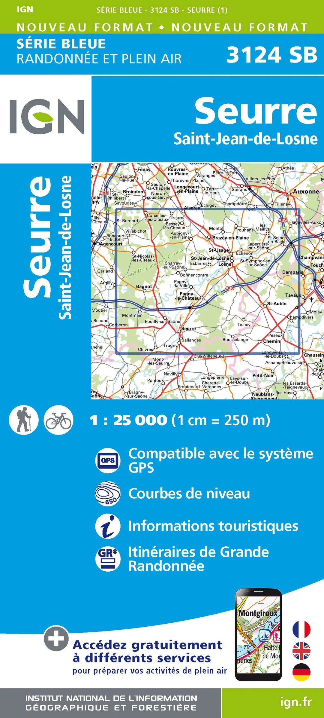 Carte de randonnée n° 3124 - Seurre, St-Jean-de-Losne | IGN - Série Bleue carte pliée IGN 