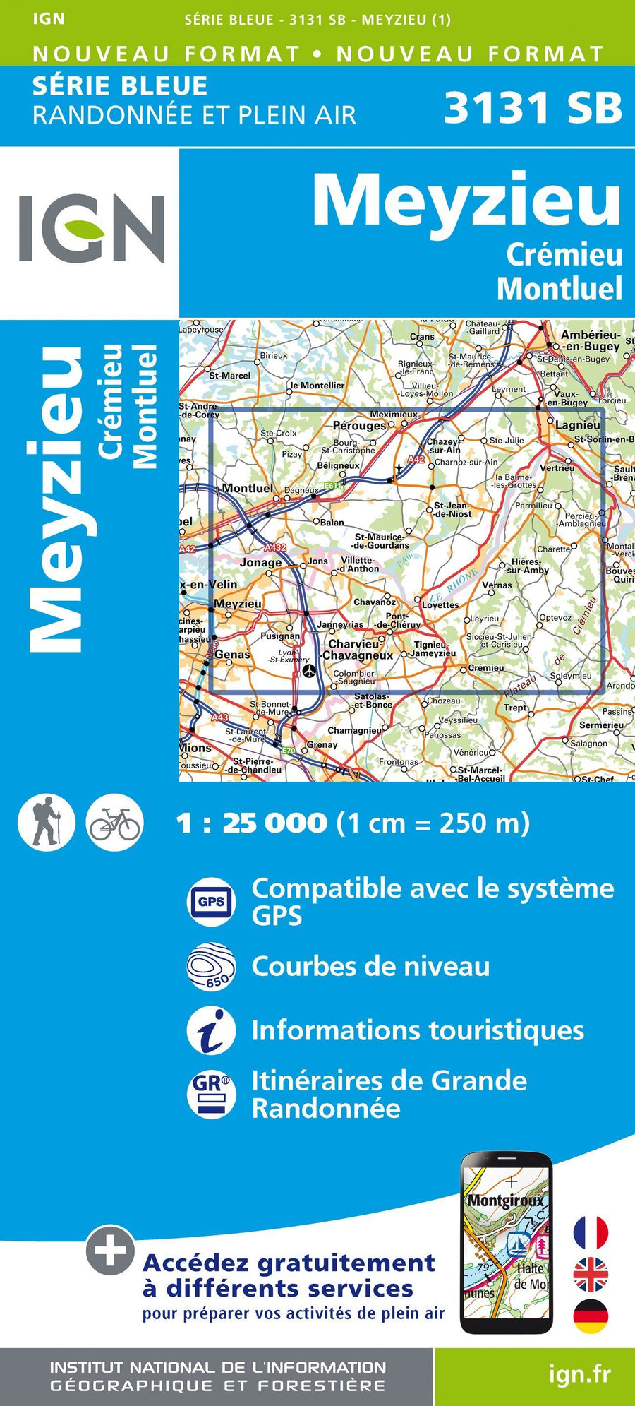 Carte de randonnée n° 3131 - Meyzieu, Crémieu, Montluel | IGN - Série Bleue carte pliée IGN 