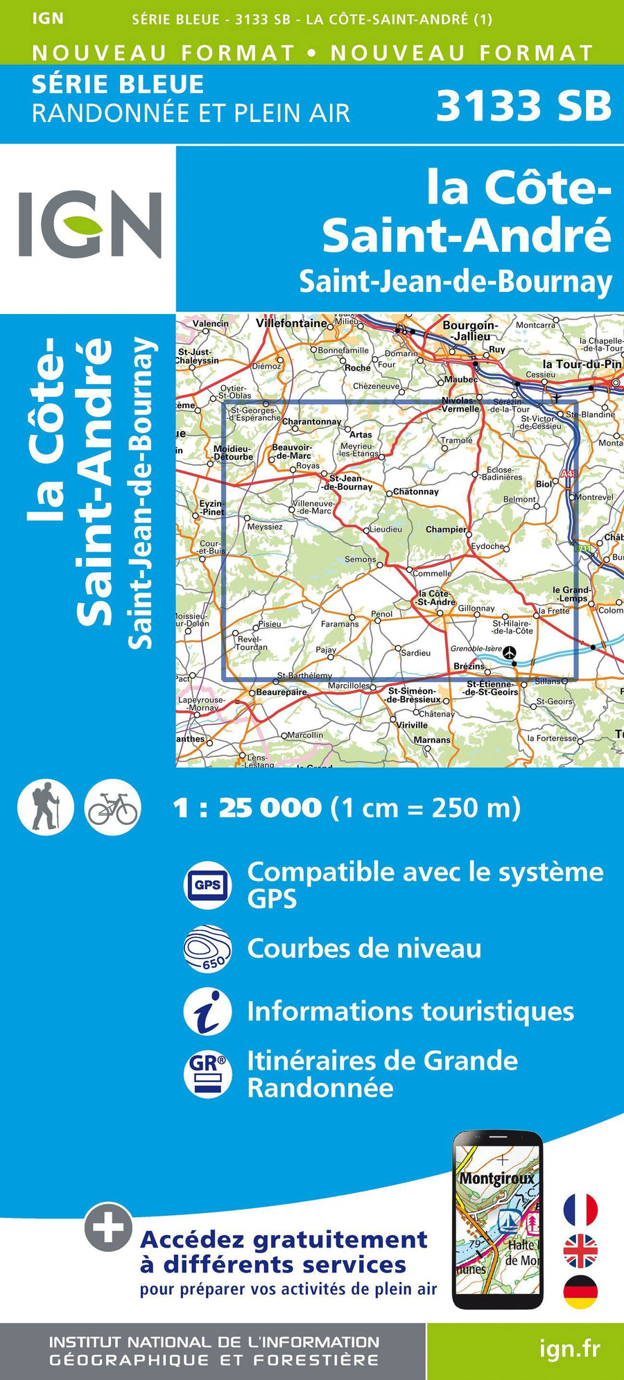 Carte de randonnée n° 3133 - La Côté-St-André, St-Jean-de-Bournay | IGN - Série Bleue carte pliée IGN 