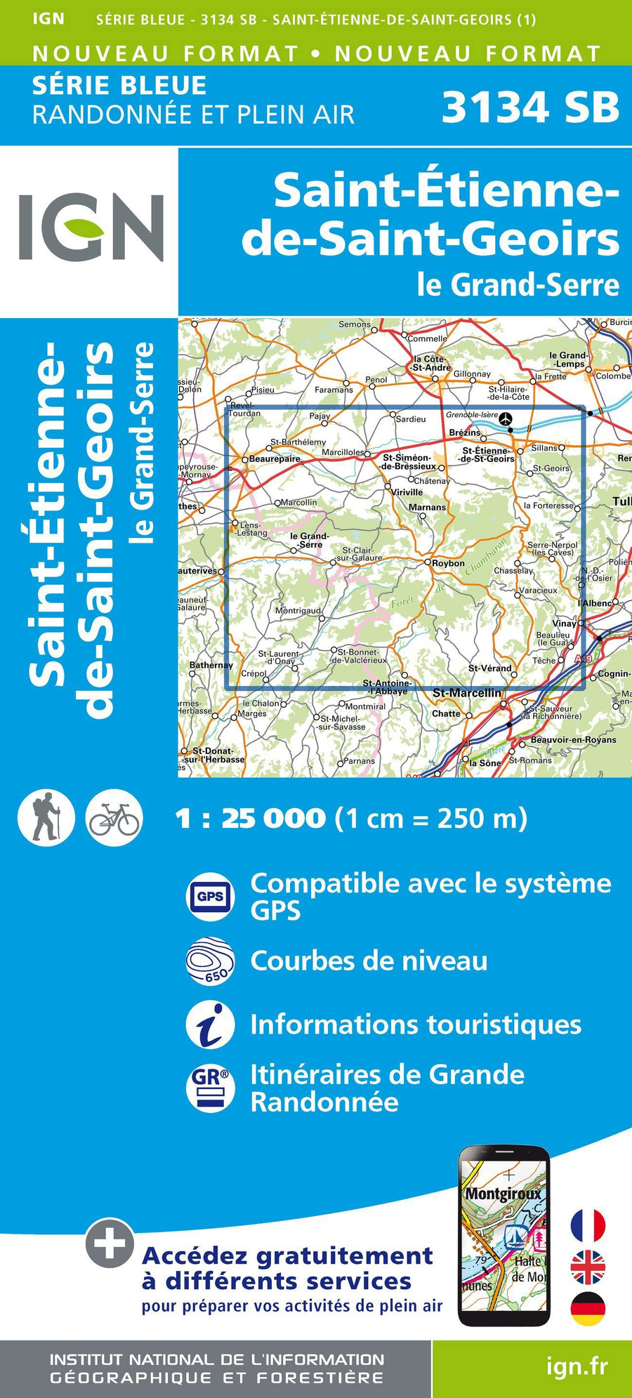 Carte de randonnée n° 3134 - St-Etienne-de-St-Geoirs, Le Grand-Serre | IGN - Série Bleue carte pliée IGN 