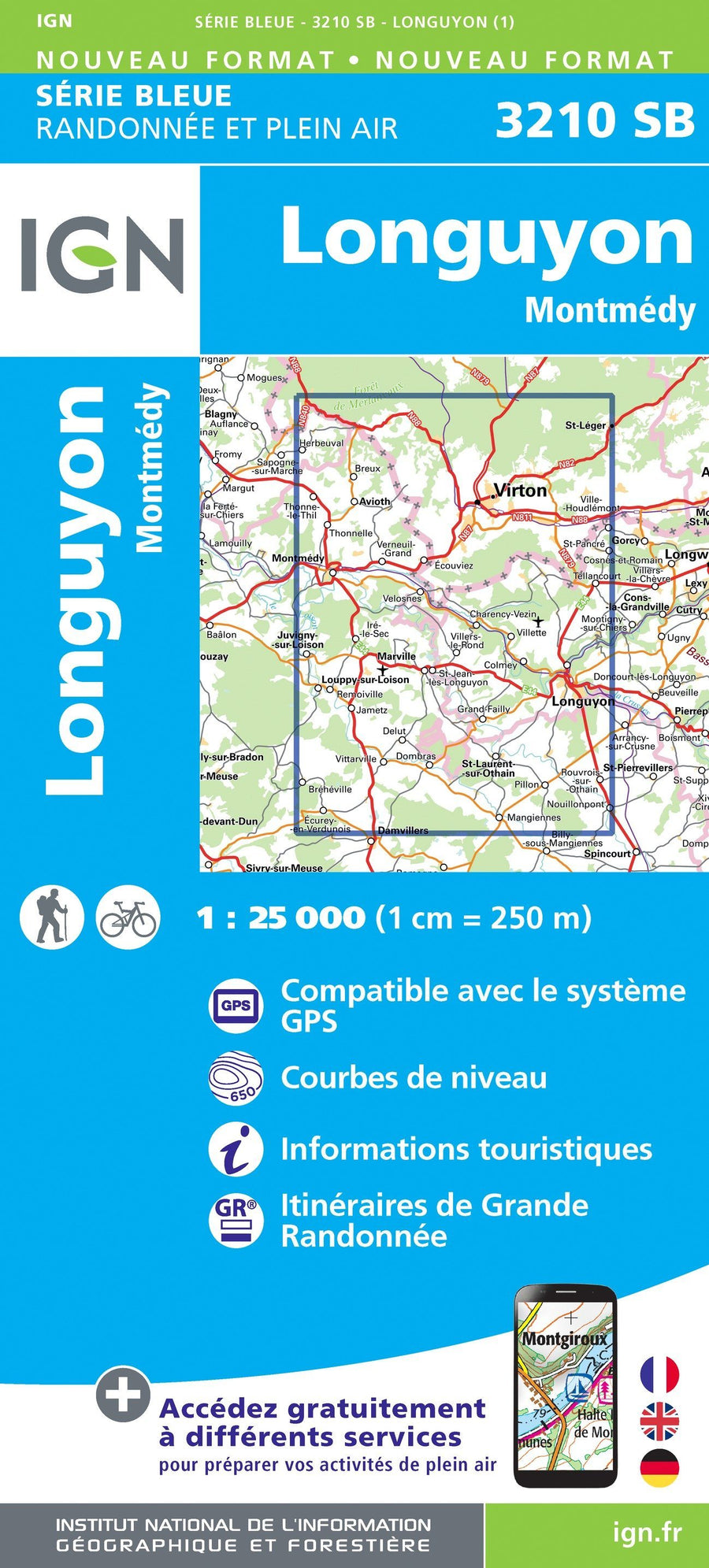 Carte de randonnée n° 3210 - Longuyon, Montmédy | IGN - Série Bleue carte pliée IGN 
