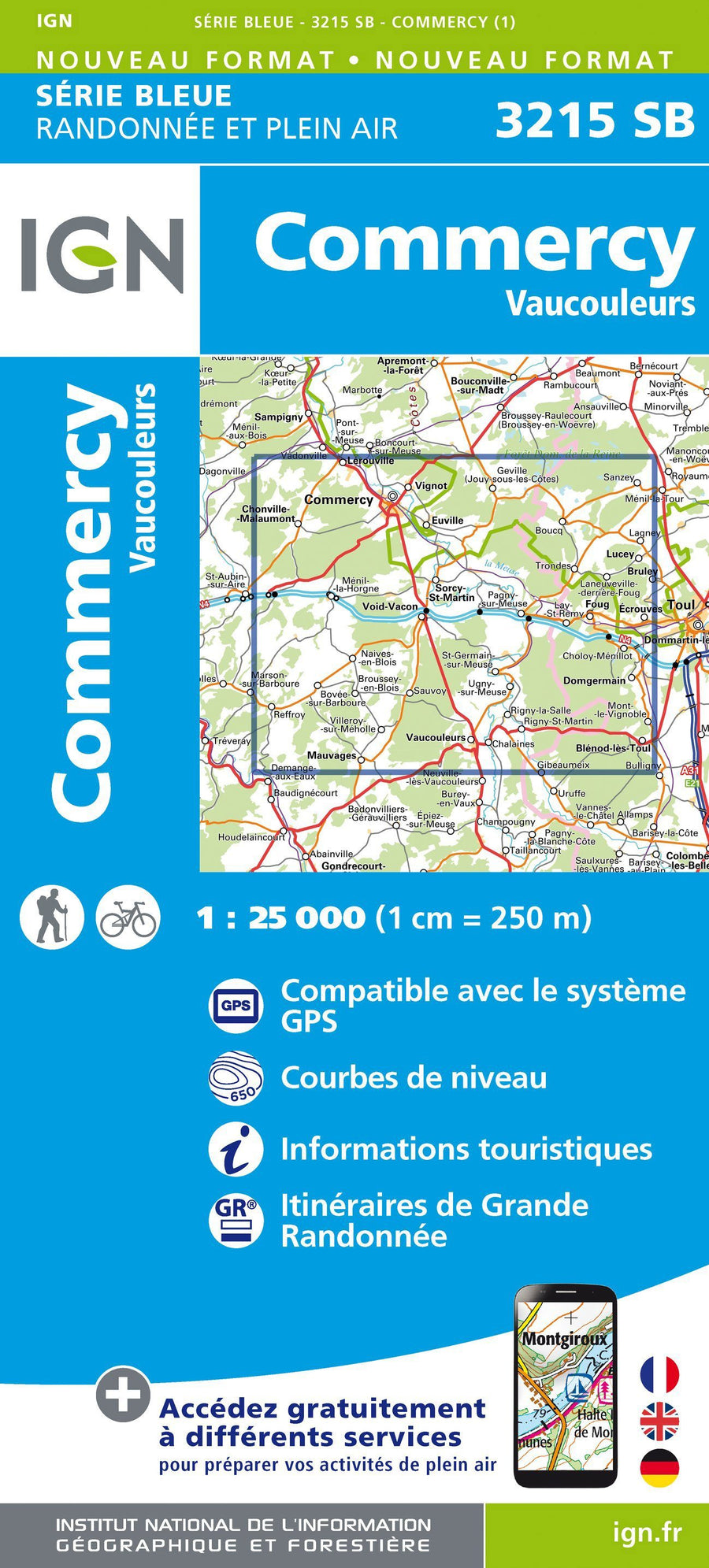 Carte de randonnée n° 3215 - Commercy, Vaucouleurs | IGN - Série Bleue carte pliée IGN 