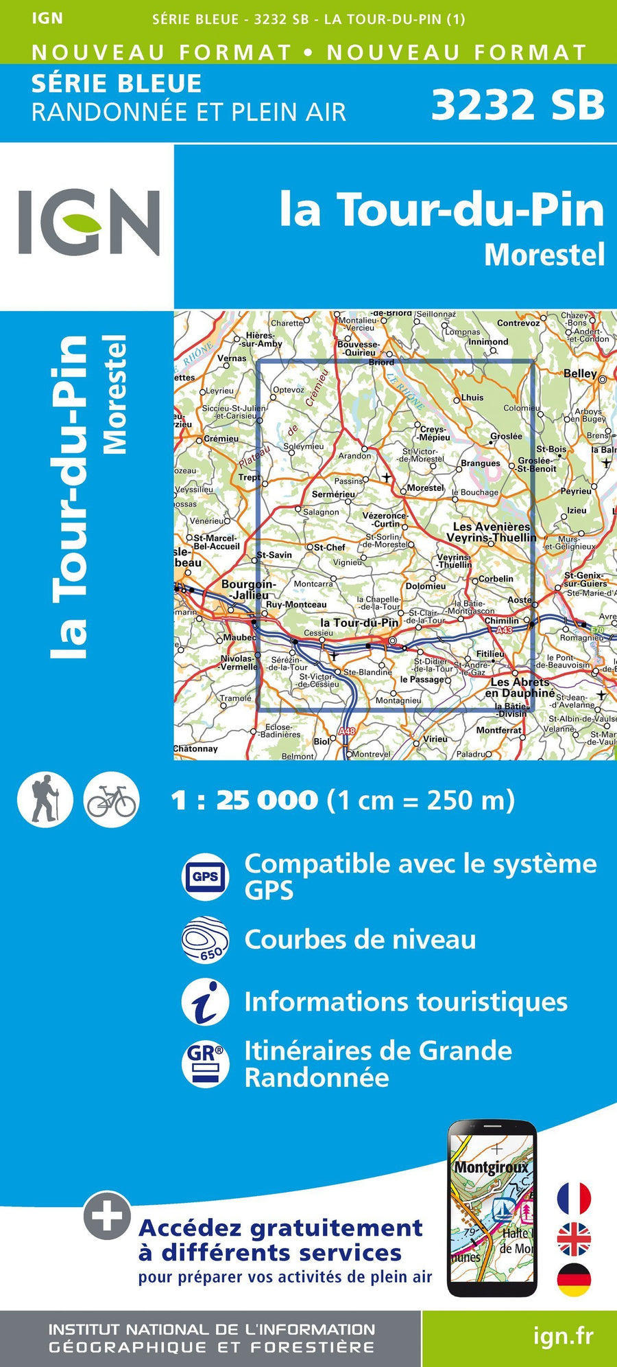 Carte de randonnée n° 3232 - La Tour-du-Pin, Morestel | IGN - Série Bleue carte pliée IGN 
