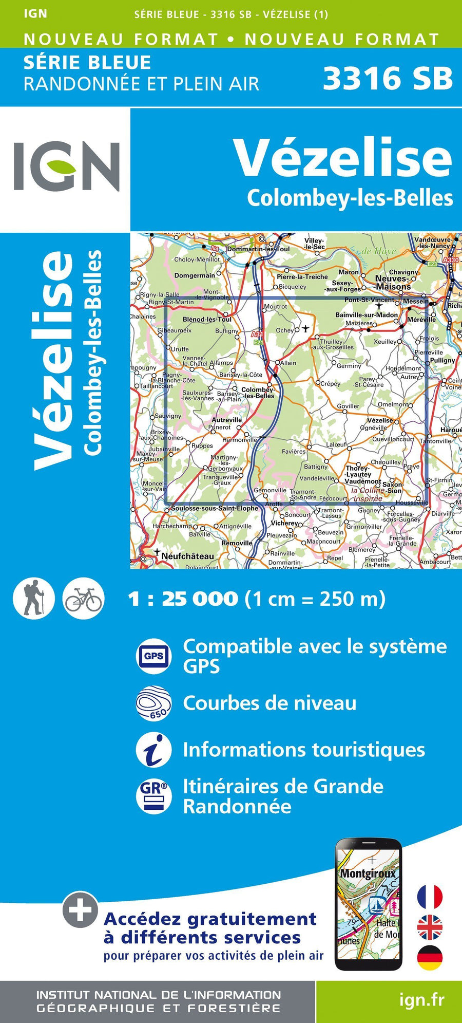 Carte de randonnée n° 3316 - Vézelise, Colombey-les-Belles | IGN - Série Bleue carte pliée IGN 