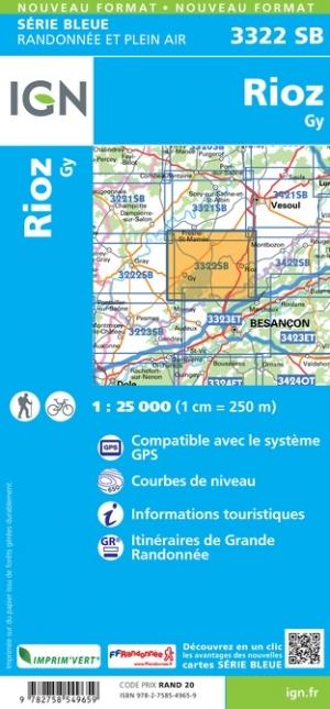 Carte de randonnée n° 3322 - Rioz, Gy | IGN - Série Bleue carte pliée IGN 