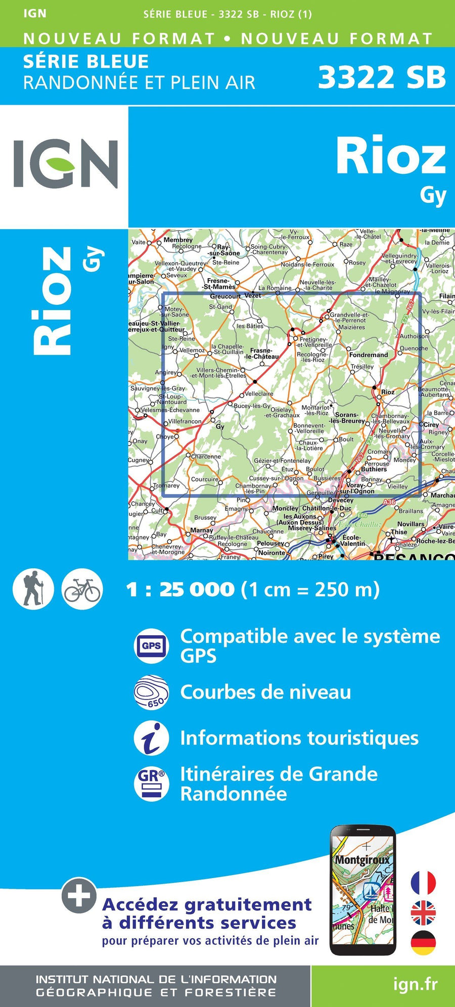 Carte de randonnée n° 3322 - Rioz, Gy | IGN - Série Bleue carte pliée IGN 