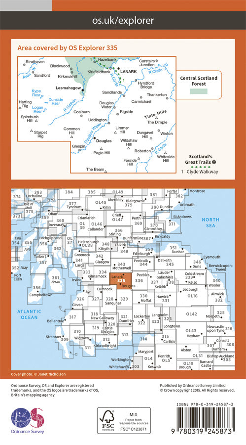Carte de randonnée n° 335 - Lanark, Tinto Hills (Grande Bretagne) | Ordnance Survey - Explorer carte pliée Ordnance Survey Papier 
