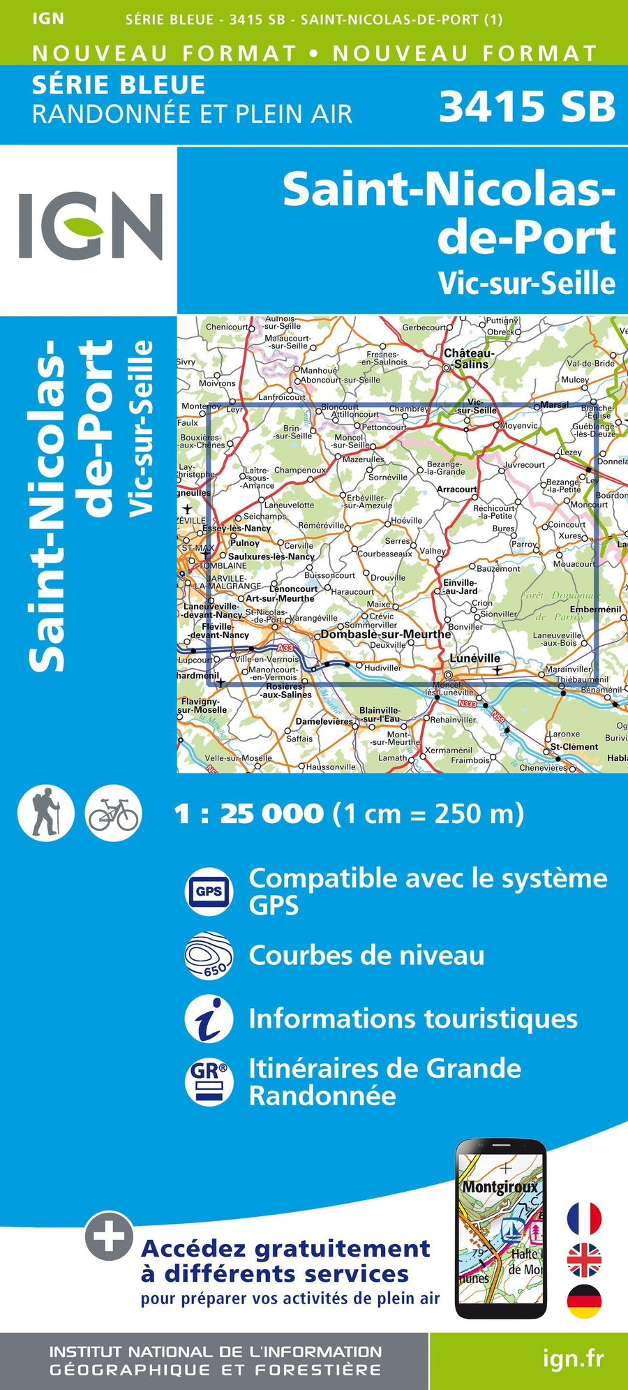 Carte de randonnée n° 3415 - Saint-Nicolas-de-Port, Vic-sur-Seiile | IGN - Série Bleue carte pliée IGN 