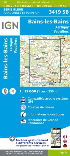 Carte de randonnée n° 3419 - Bains-les Bains, Xertigny, Vauvillers | IGN - Série Bleue carte pliée IGN 