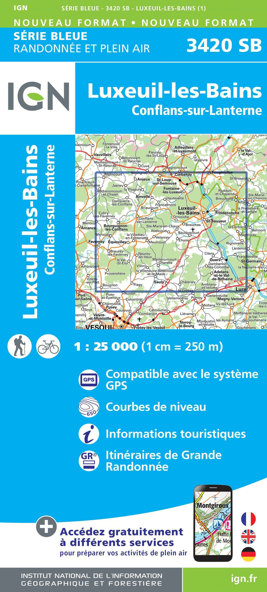 Carte de randonnée n° 3420 - Luxeuil-les-Bains, Conflans-sur-Lanterne | IGN - Série Bleue carte pliée IGN 