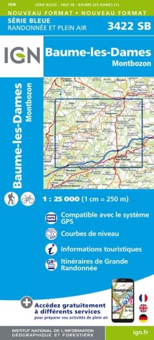 Carte de randonnée n° 3422 - Baume-les-Dames, Montbozon | IGN - Série Bleue carte pliée IGN 