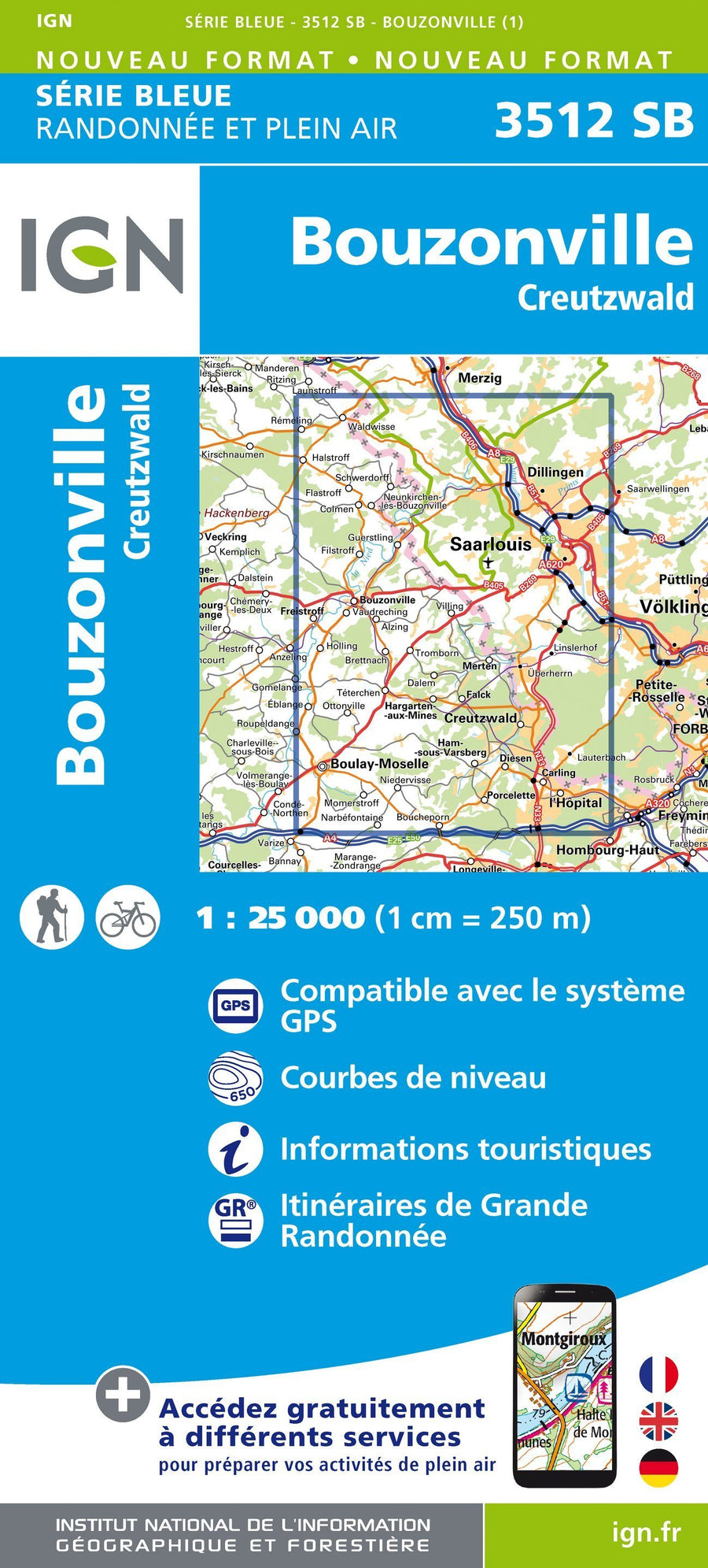 Carte de randonnée n° 3512 - Bouzonville, Creutzwald | IGN - Série Bleue carte pliée IGN 