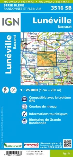 Carte de randonnée n° 3516 - Lunéville, Baccarat | IGN - Série Bleue carte pliée IGN 