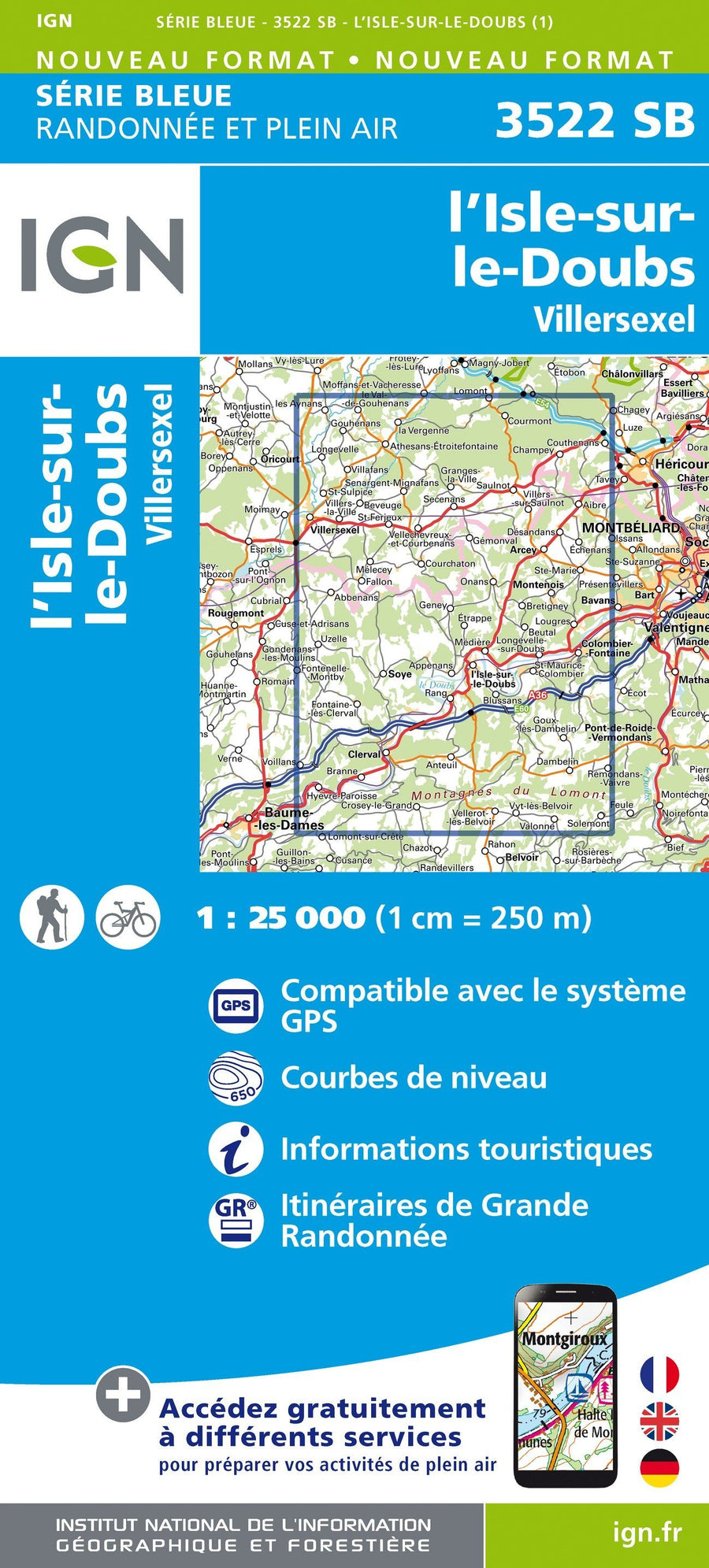 Carte de randonnée n° 3522 - L'Isle-sur-le Doubs, Villersexel | IGN - Série Bleue carte pliée IGN 