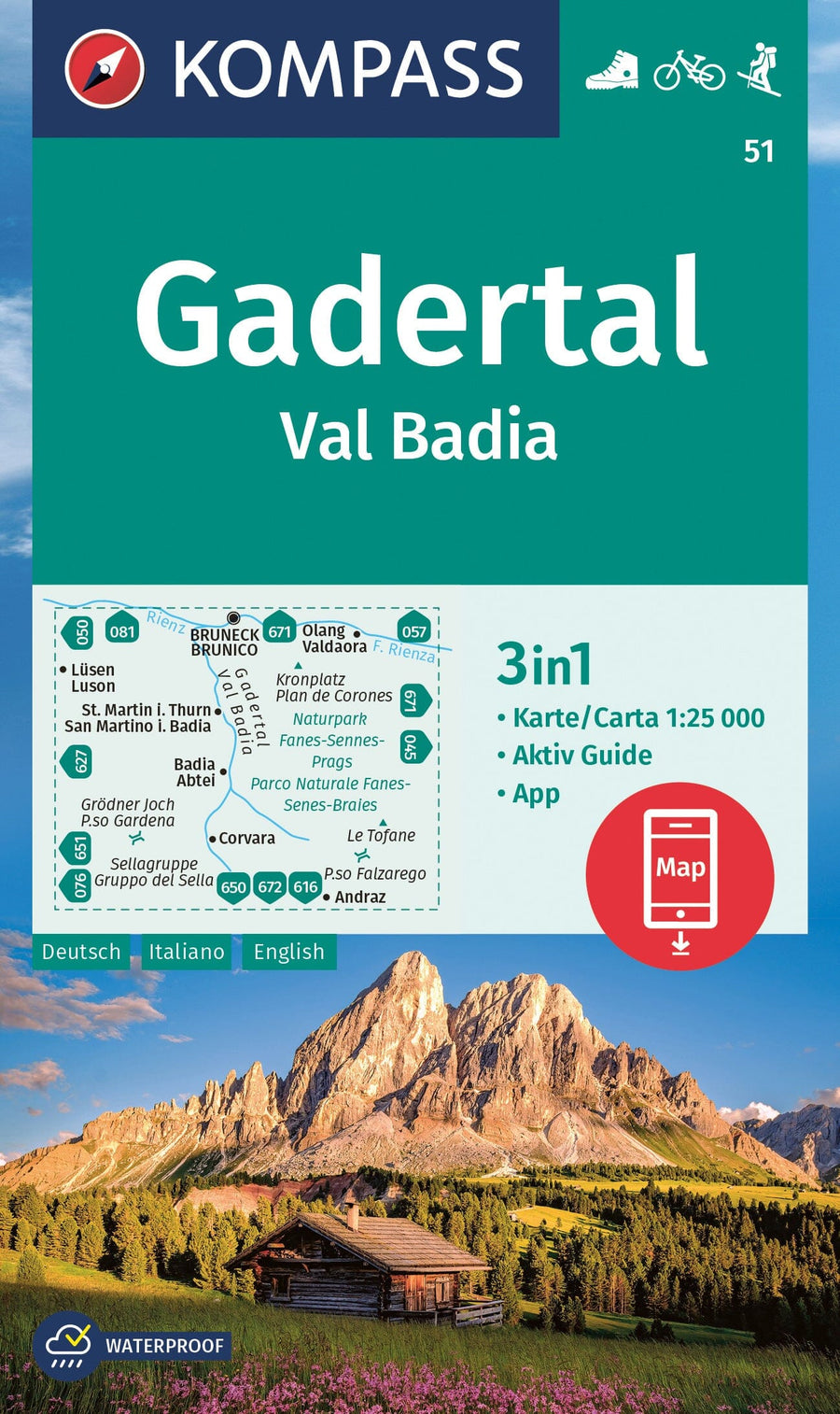 Carte de randonnée n° 51 - Gadertal, Val Badia (Italie) | Kompass carte pliée Kompass 
