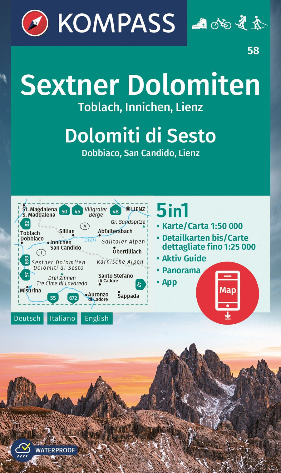 Carte de randonnée n° 58 - Dolomites de Sesto /Sextner Dolomiten (Italie) | Kompass carte pliée Kompass 