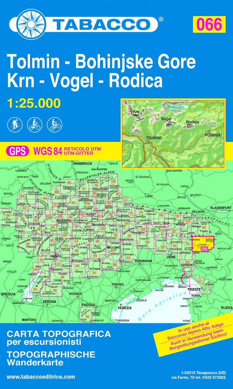Carte de randonnée n° 66 - Tolmin, Bohinjske Gore, Krn, Vogel, Rodica | Tabacco - La Compagnie des Cartes