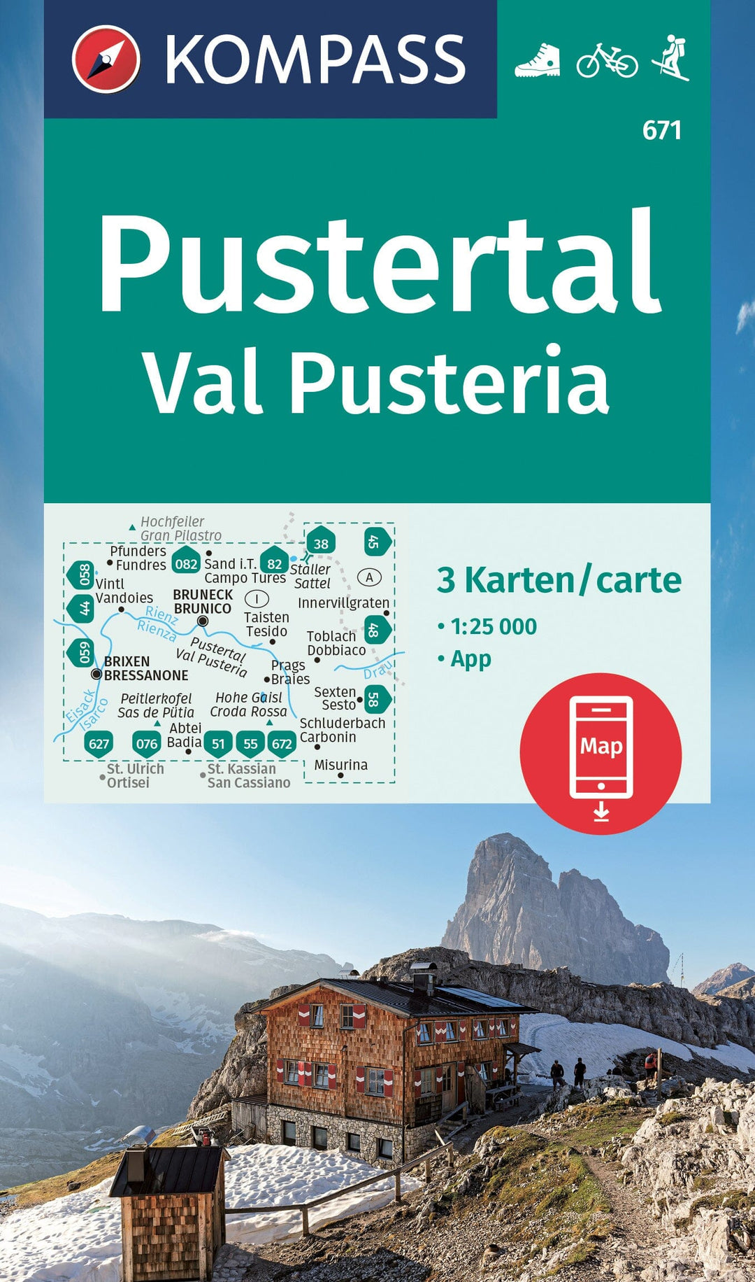 Carte de randonnée n° 671 - Pustertal, Val Pusteria (Italie) | Kompass carte pliée Kompass 