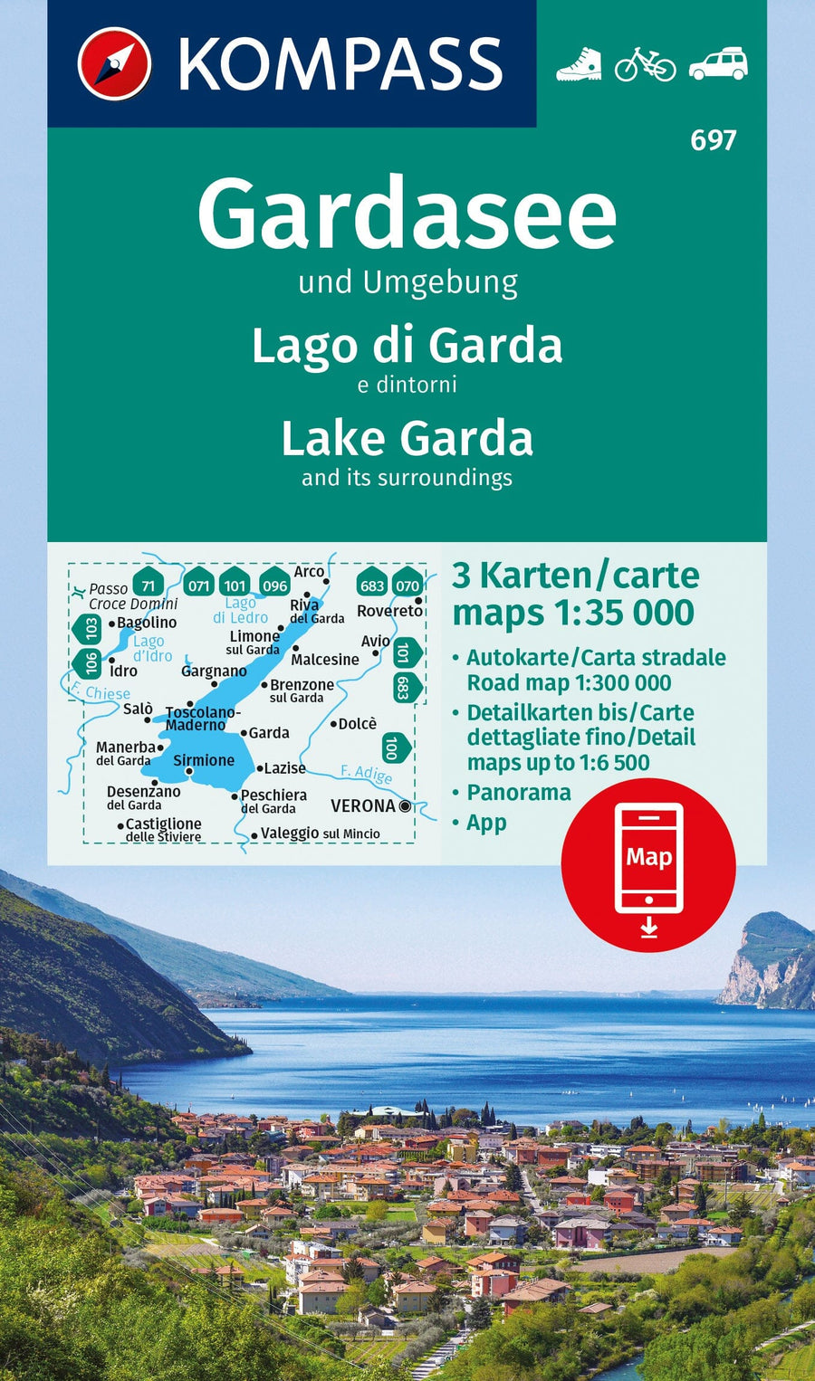 Carte de randonnée n° 697 - Lac de Garde & environs (Italie) | Kompass carte pliée Kompass 