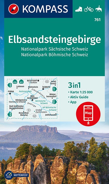Carte de randonnée n° 761 - Elbsandsteingebirge (massif gréseux de l'Elbe), Parc National de la Suisse saxonne & Parc National de la Suisse bohémienne (Allemagne) | Kompass carte pliée Kompass 