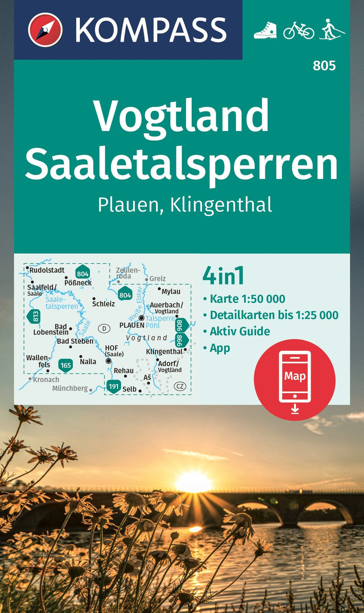Carte de randonnée n° 805 - Vogtland, Saaletalsperren + Aktiv Guide (Allemagne) | Kompass carte pliée Kompass 