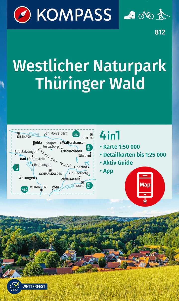 Carte de randonnée n° 812 - Forêt de Thuringe Ouest (Allemagne) | Kompass carte pliée Kompass 