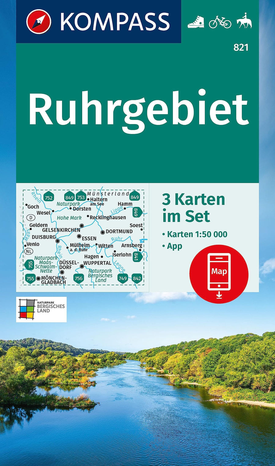 Carte de randonnée n° 821 - Ruhrgebiet 3-set (Allemagne) | Kompass carte pliée Kompass 