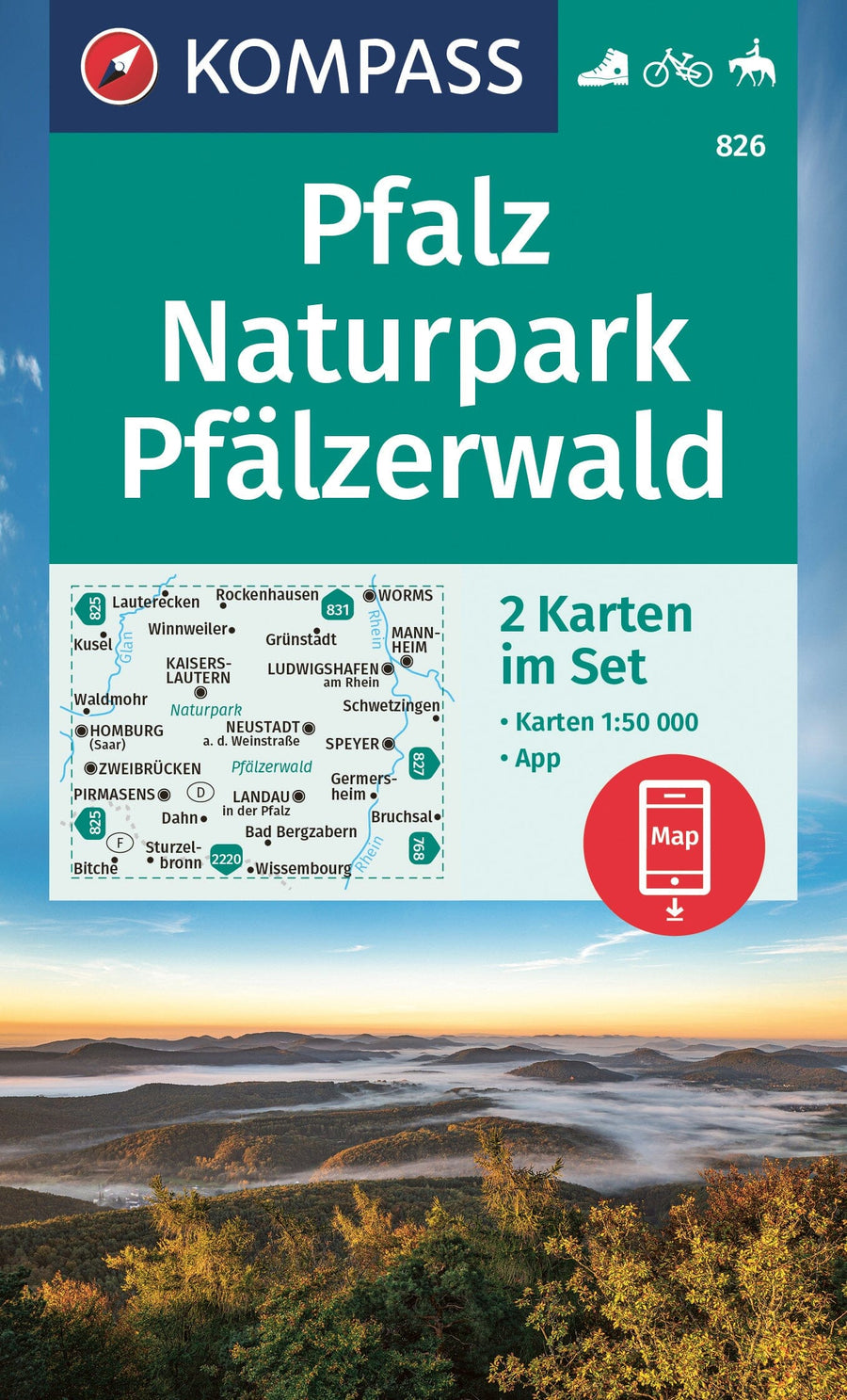 Carte de randonnée n° 826 - Pfalz Naturalpark, Pfälzerwald (Allemagne) | Kompass carte pliée Kompass 
