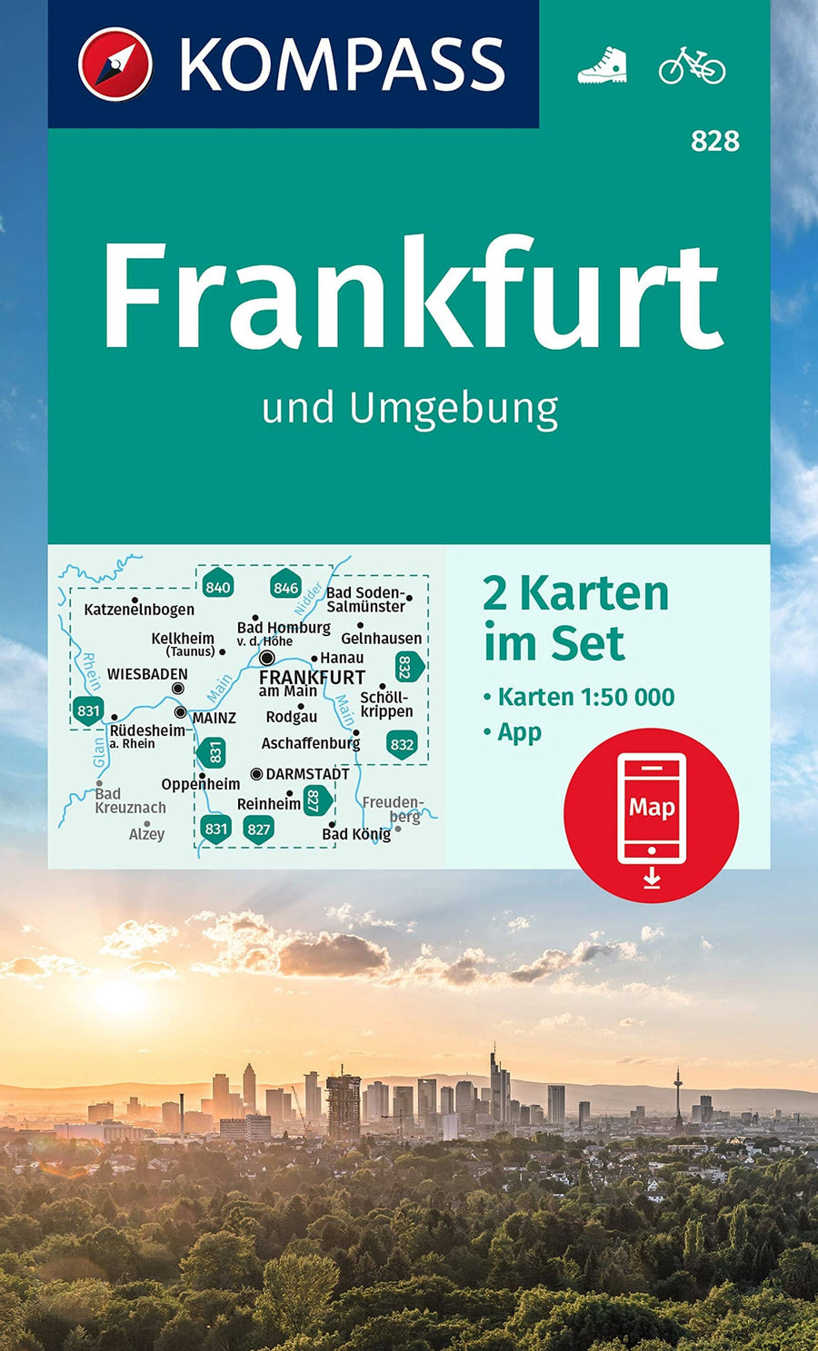 Carte de randonnée n° 828 - Frankfurt & environs 2-set + Naturführer (Allemagne) | Kompass carte pliée Kompass 