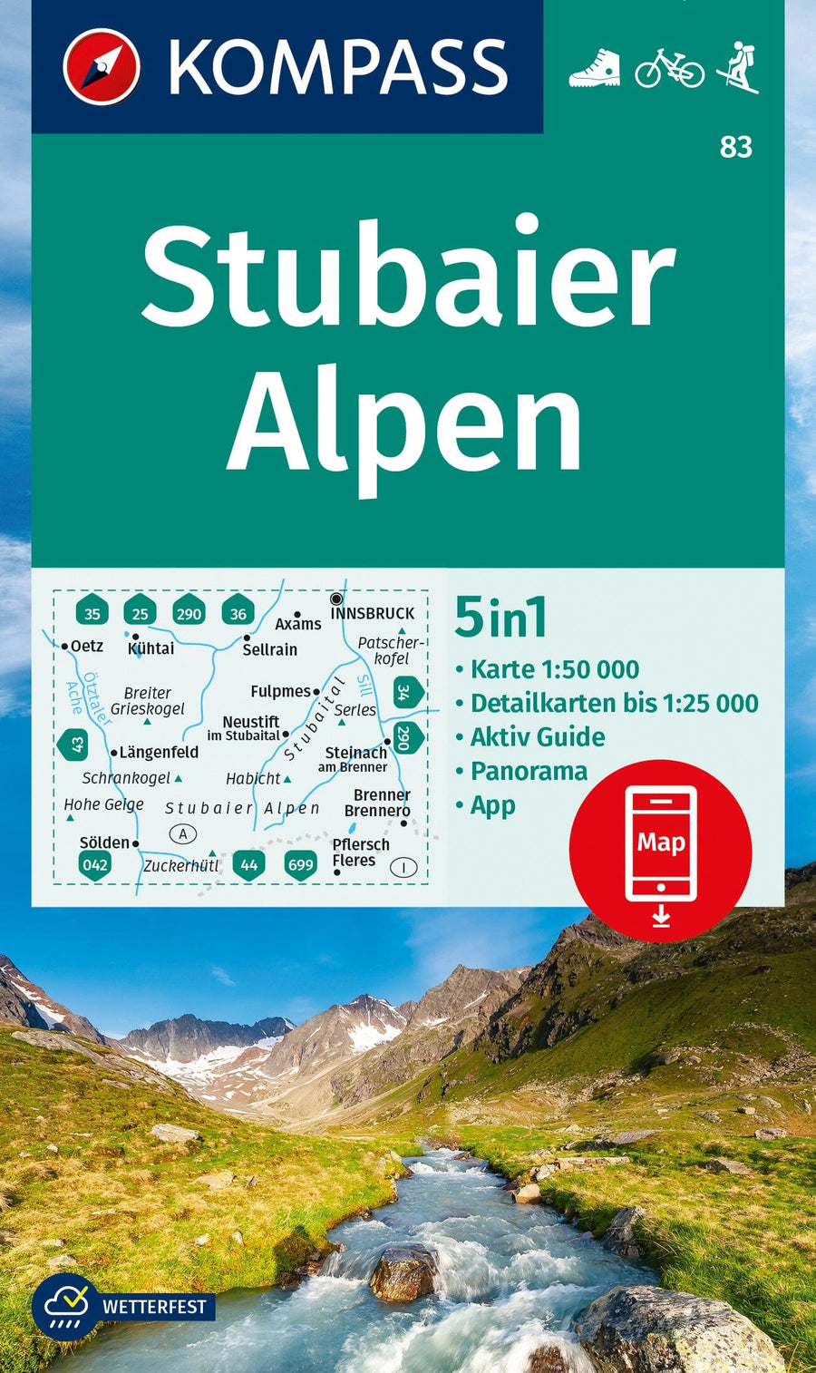 Carte de randonnée n° 83 - Stubaier Alpen + Guide (Autriche) | Kompass carte pliée Kompass 