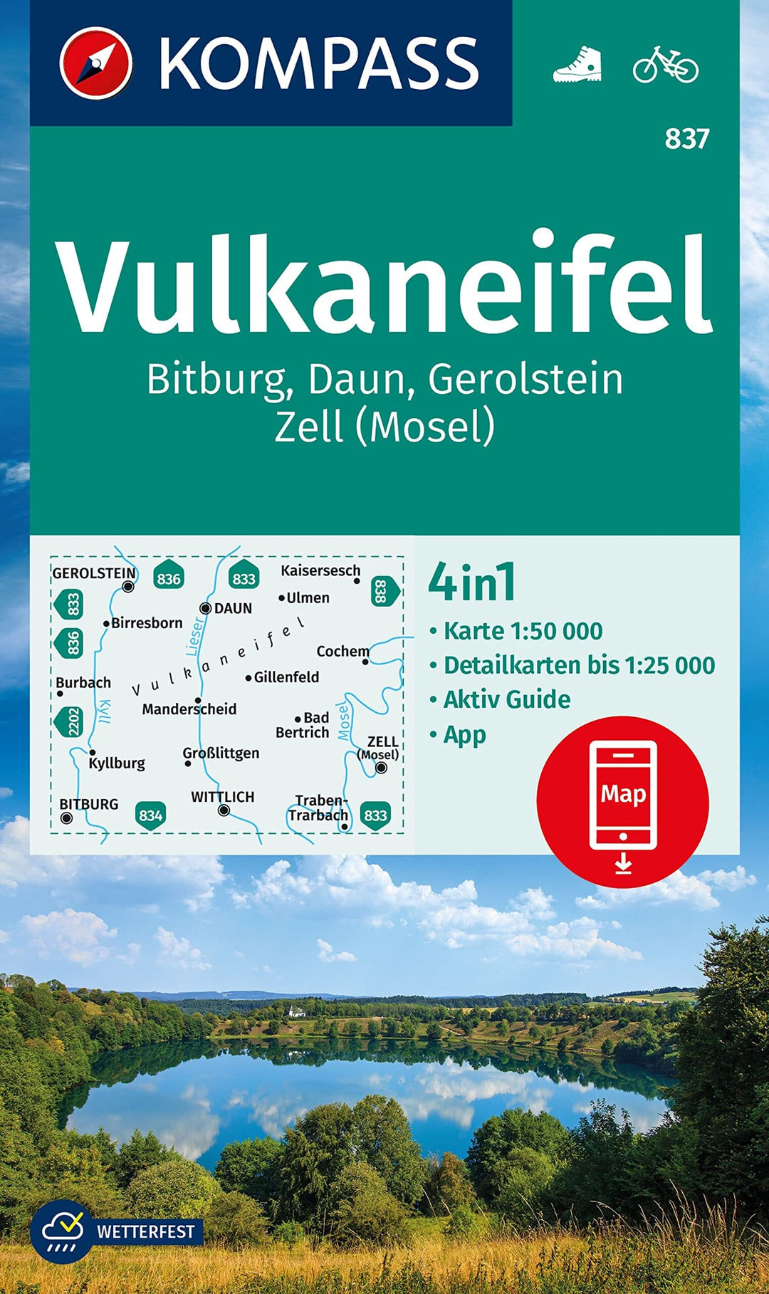 Carte de randonnée n° 837 - Vulkaneifel, Bitburg, Daun, Gerolstein, Zell + Guide (Allemagne) | Kompass carte pliée Kompass 