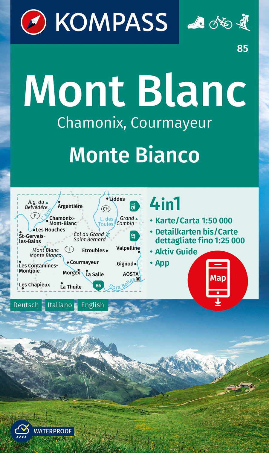 Carte de randonnée n° 85 - Mont Blanc, Chamonix, Courmayeur | Kompass carte pliée Kompass 