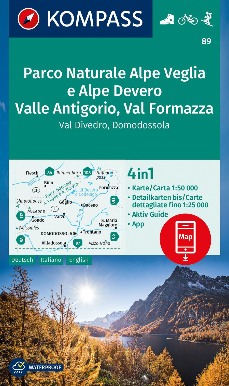 Carte de randonnée n° 89 - Parc naturel de l'Alpe Veglia-Alpe Devero, vallée d'Antigorio, Val Formazza, Val Divedro, Domodossola (Italie, Suisse) | Kompass carte pliée Kompass 