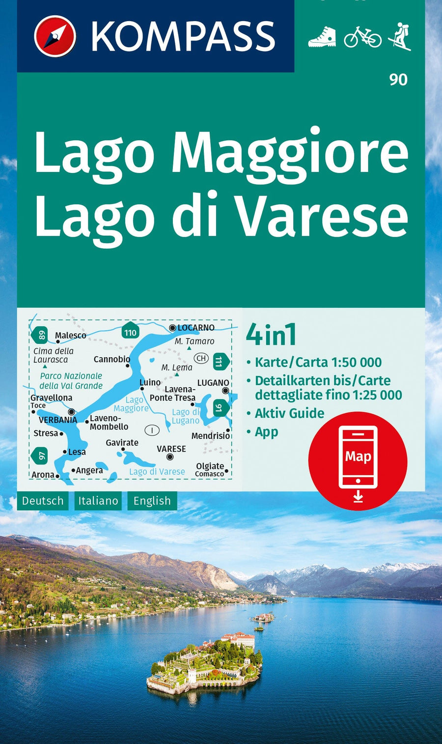 Carte de randonnée n° 90 - Lac Majeur & lac de Varèse (Italie) | Kompass carte pliée Kompass 