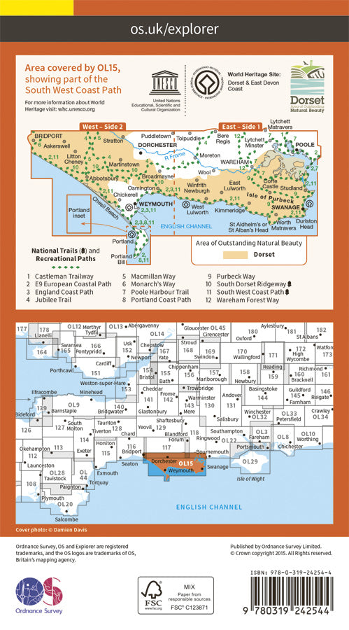Carte de randonnée n° OL015 - Purbeck, South Dorset (Grande Bretagne) | Ordnance Survey - Explorer carte pliée Ordnance Survey 
