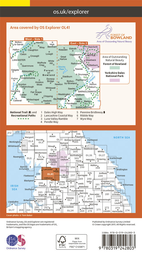 Carte de randonnée n° OL041 - Forest of Bowland, Ribblesdale (Grande Bretagne) | Ordnance Survey - Explorer carte pliée Ordnance Survey 