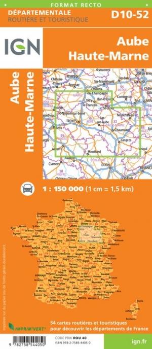 Carte départementale D10-52 - Aube & Haute-Marne - VERSION MURALE ET PLASTIFIEE | IGN carte murale grand tube IGN 