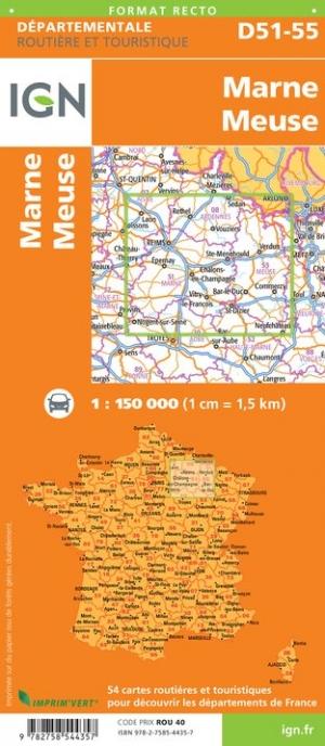 Carte départementale D51-55 - Marne & Meuse - VERSION MURALE ET PLASTIFIEE | IGN carte murale grand tube IGN 