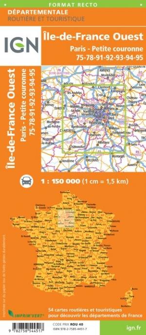 Carte départementale - Ile-de-France Ouest (Paris et 75, 78, 91, 92, 93, 94, 95) | IGN carte pliée IGN 