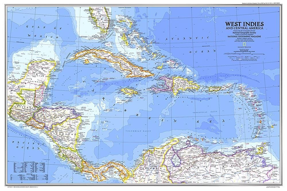 1981 West Indies and Central America Map Wall Map 