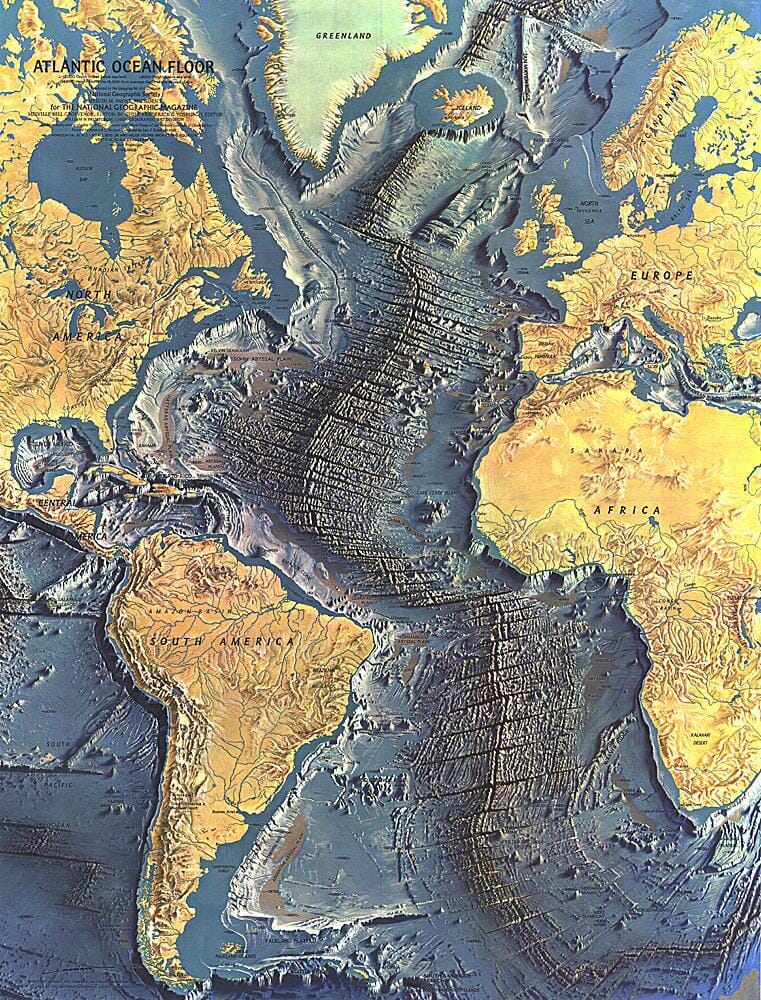 1968 Atlantic Ocean Floor Map Wall Map 