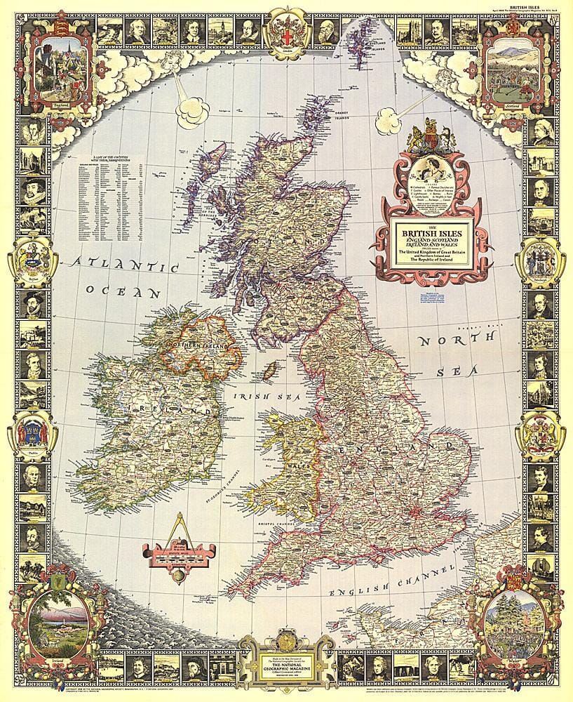 1949 British Isles Map Wall Map 