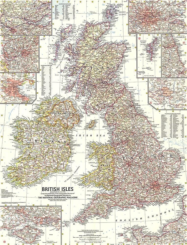 1958 British Isles Map Wall Map 