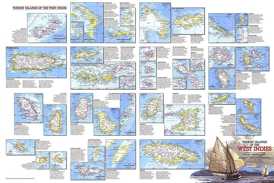 1981 Tourist Islands of the West Indies Map Wall Map 